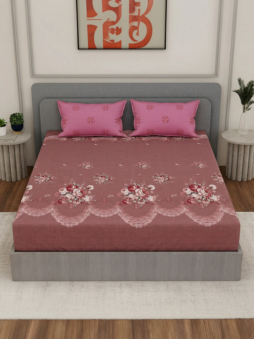 110 GSM Polyester Double Bed Bedsheet with 2 Pillow Covers Aromatica Collection - Image 4