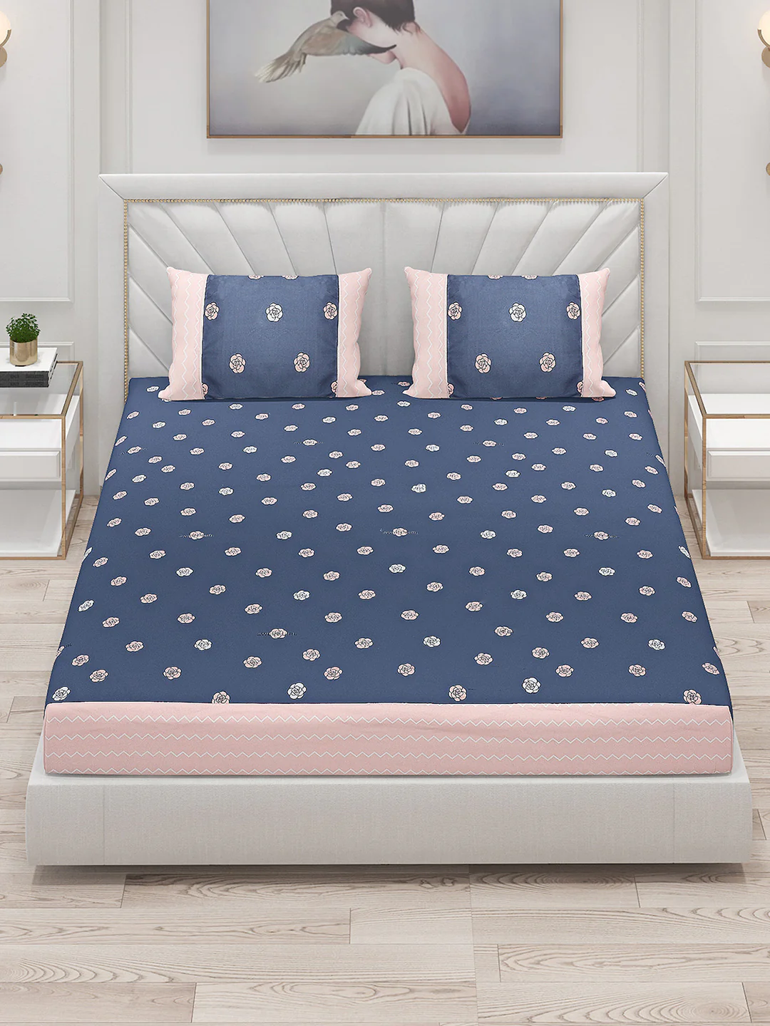 130 GSM Polyester Double Bed Bedsheet with 2 Pillow Covers - Image 2