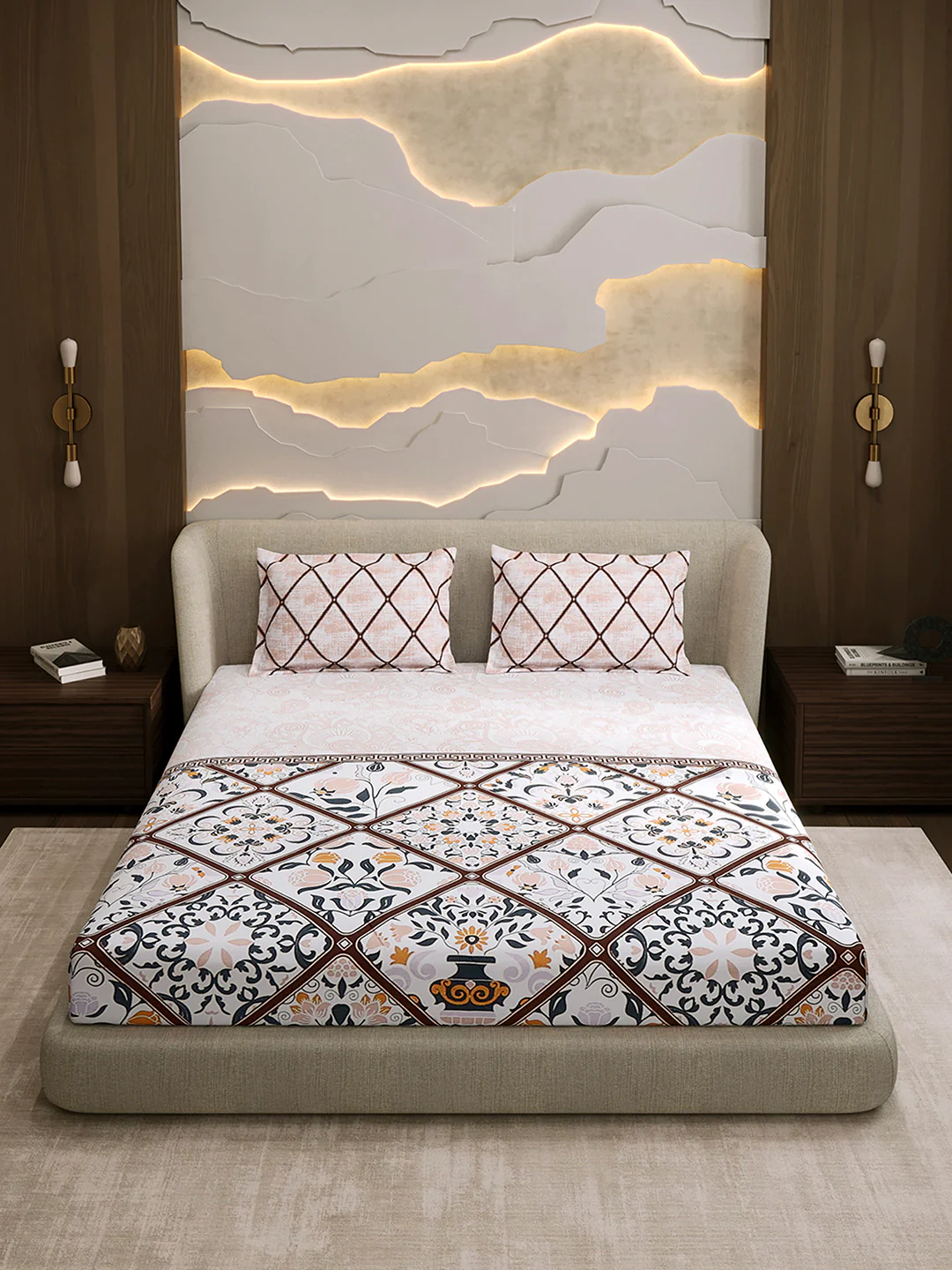 144 TC Cotton Double Bed 1 Fitted Bedsheet with 2 Pillow Cover (Solstice) - Image 2