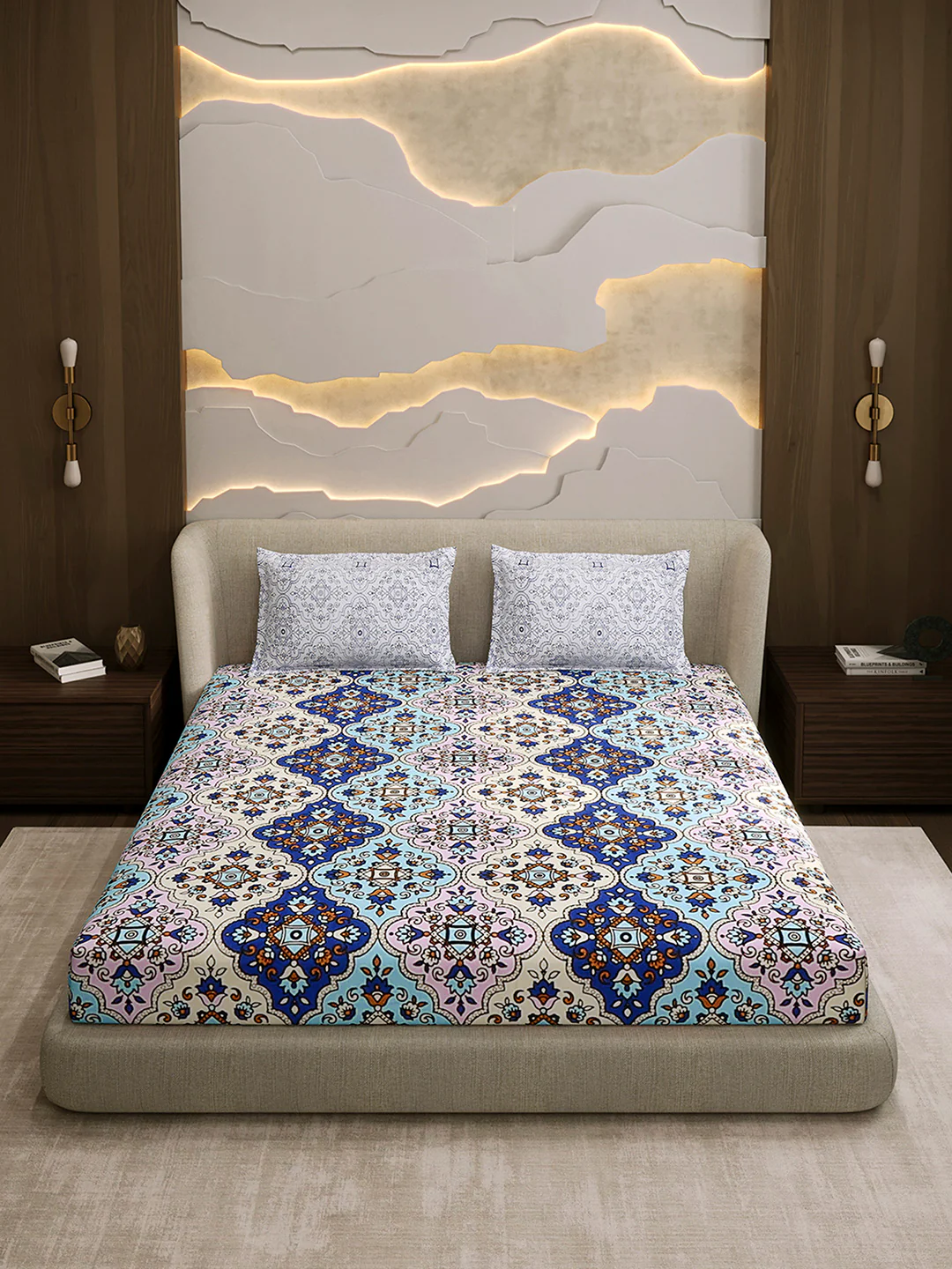 144 TC Cotton Double Bed 1 Fitted Bedsheet with 2 Pillow Cover (Solstice) - Image 2