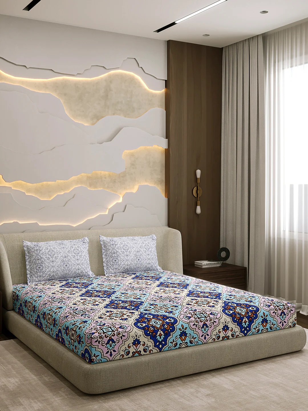 144 TC Cotton Double Bed 1 Fitted Bedsheet with 2 Pillow Cover (Solstice) - Image 4