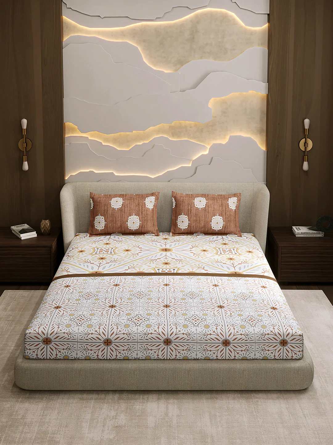 144 TC Cotton Double Bed 1 Fitted Bedsheet with 2 Pillow Cover (Solstice) - Image 2
