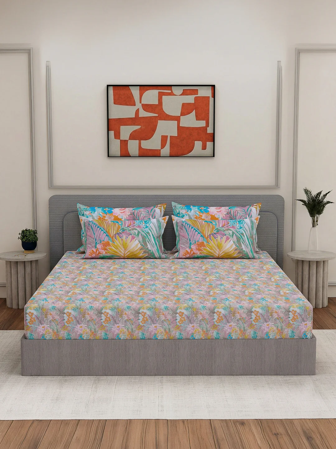 Luxury 300 TC Pure Cotton King Size Bedsheet with 4 Pillow Covers Brush & Bloom Collection - Image 3