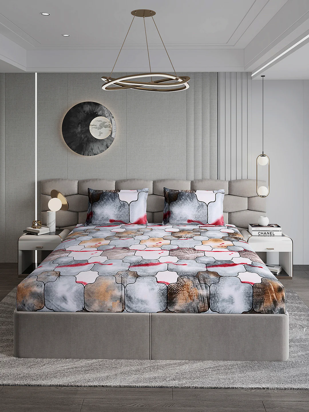 374 GSM Polyester Double Bed 1 Bedsheet with 2 Pillow Cover (Impression) - Image 2