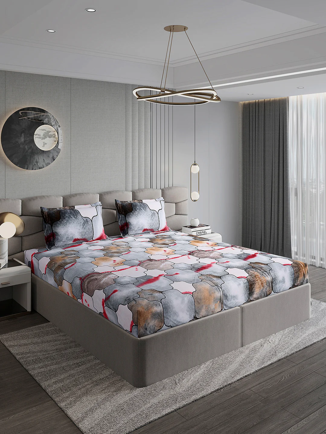 374 GSM Polyester Double Bed 1 Bedsheet with 2 Pillow Cover (Impression) - Image 4