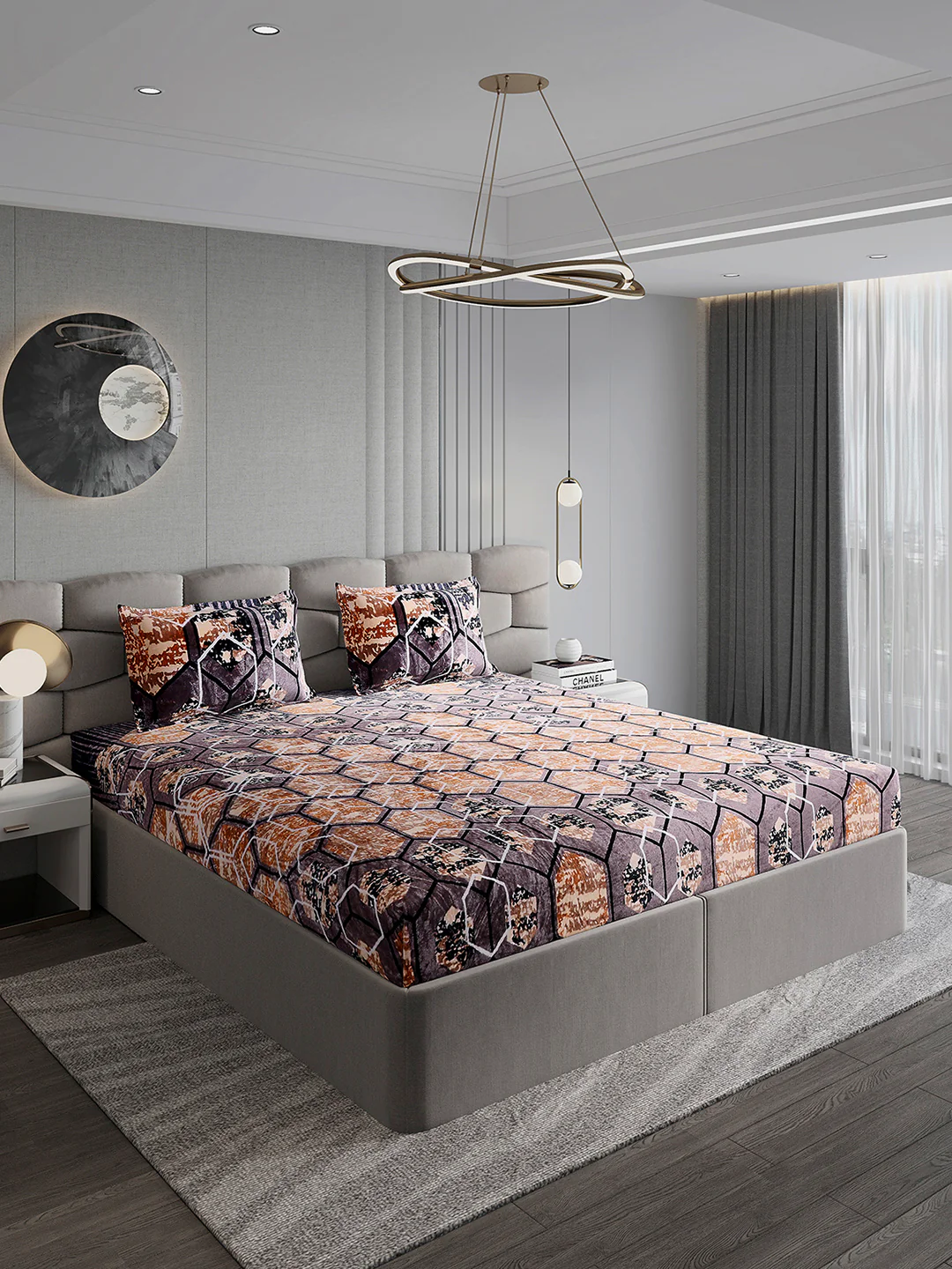 374 GSM Polyester Double Bed 1 Bedsheet with 2 Pillow Cover (Impression) - Image 4