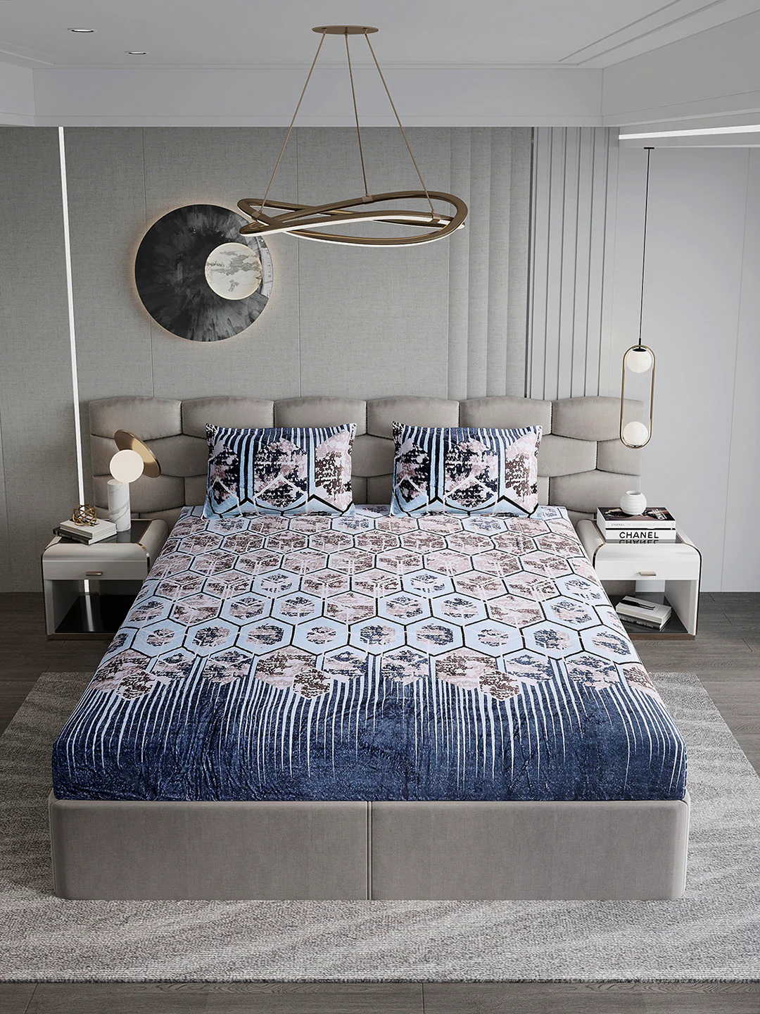 374 GSM Polyester Double Bed 1 Bedsheet with 2 Pillow Cover (Impression) - Image 3
