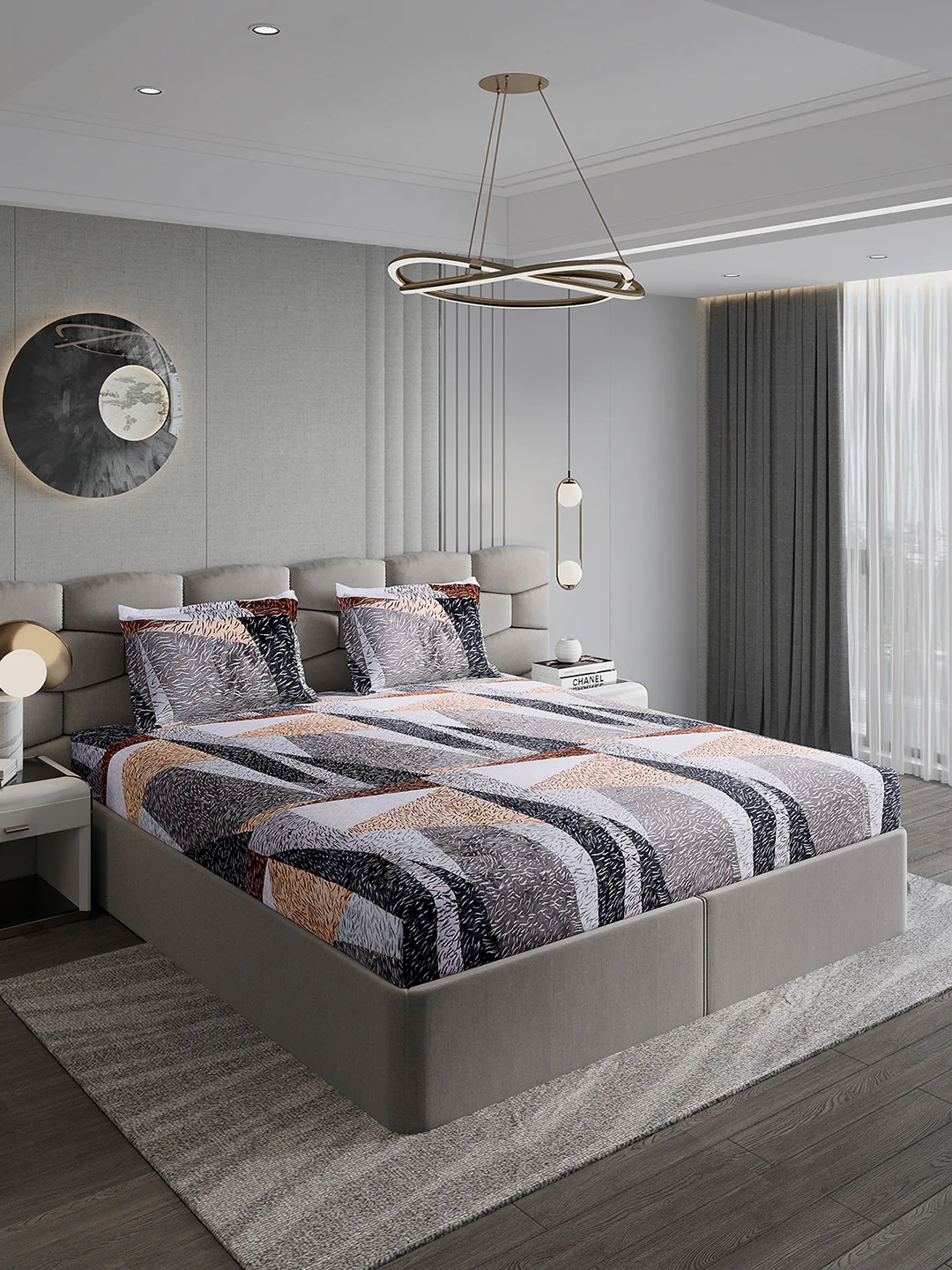 374 GSM Polyester Double Bed 1 Bedsheet with 2 Pillow Cover (Impression) - Image 4