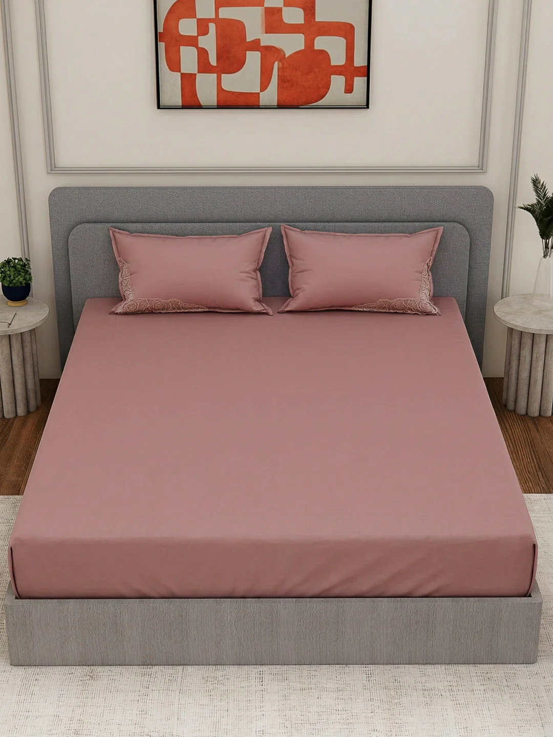 Luxury 400 TC Pure Cotton King Size Bedsheet with 2 Pillow Covers Lace Magic Collection - Image 6