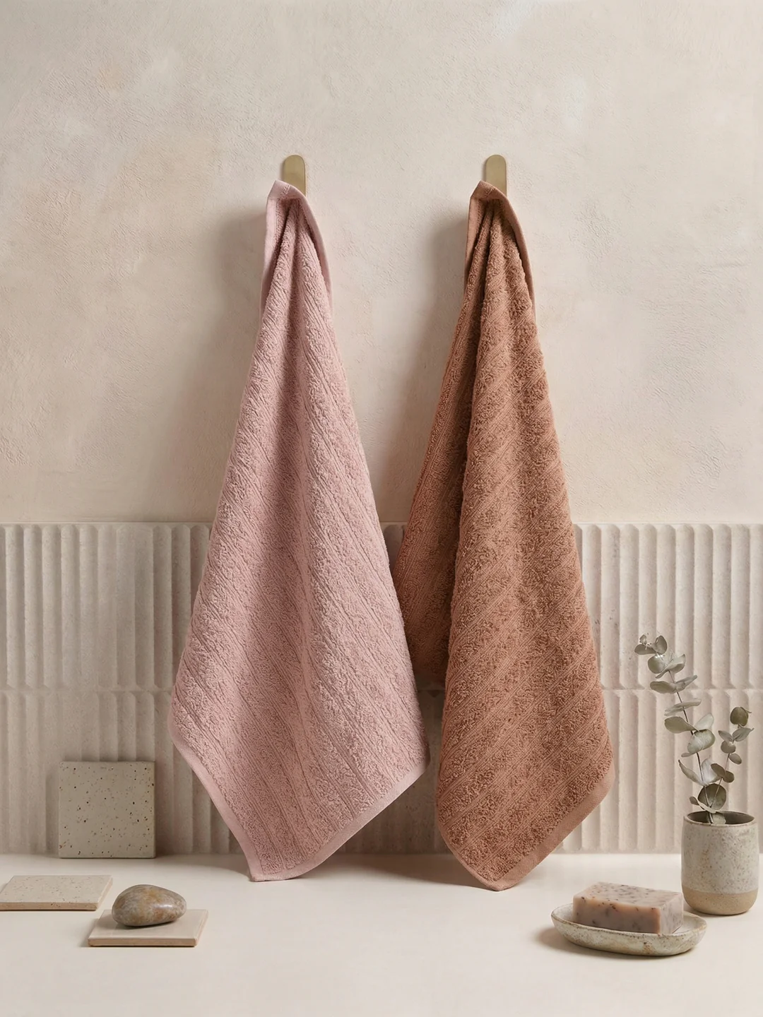 Beige & Pink 100% Cotton Solid 500 GSM Bath Towel Sensations 4 Pc Set Gifting Box Pack - Image 2