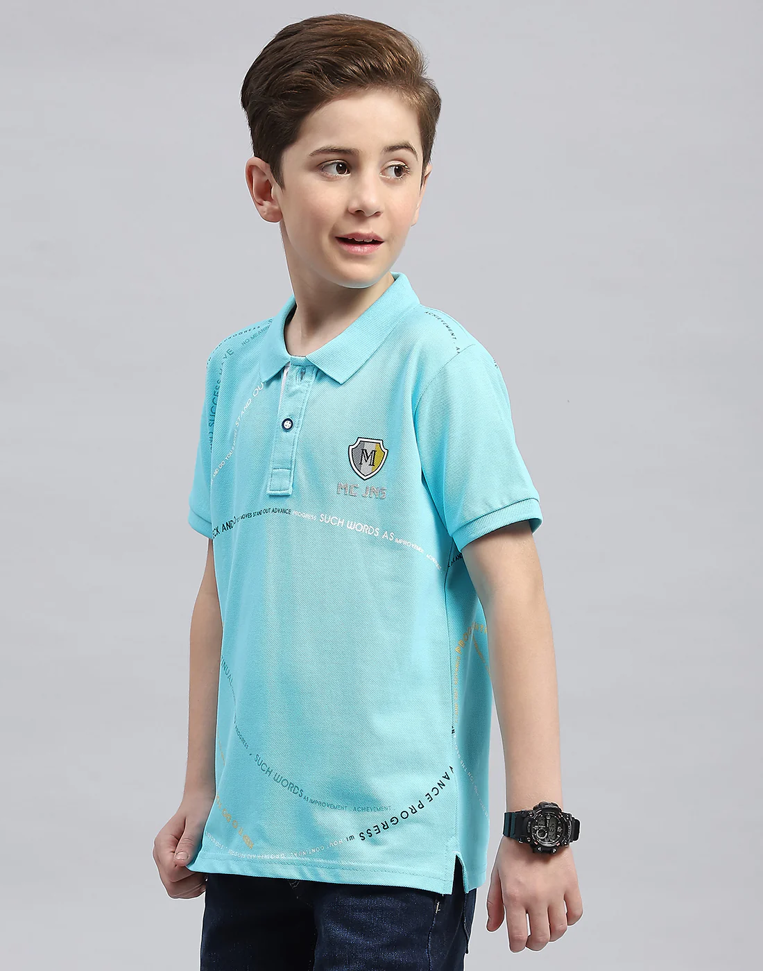 Boys Aqua Blue Printed Polo Collar Half Sleeve T-Shirt - Image 3