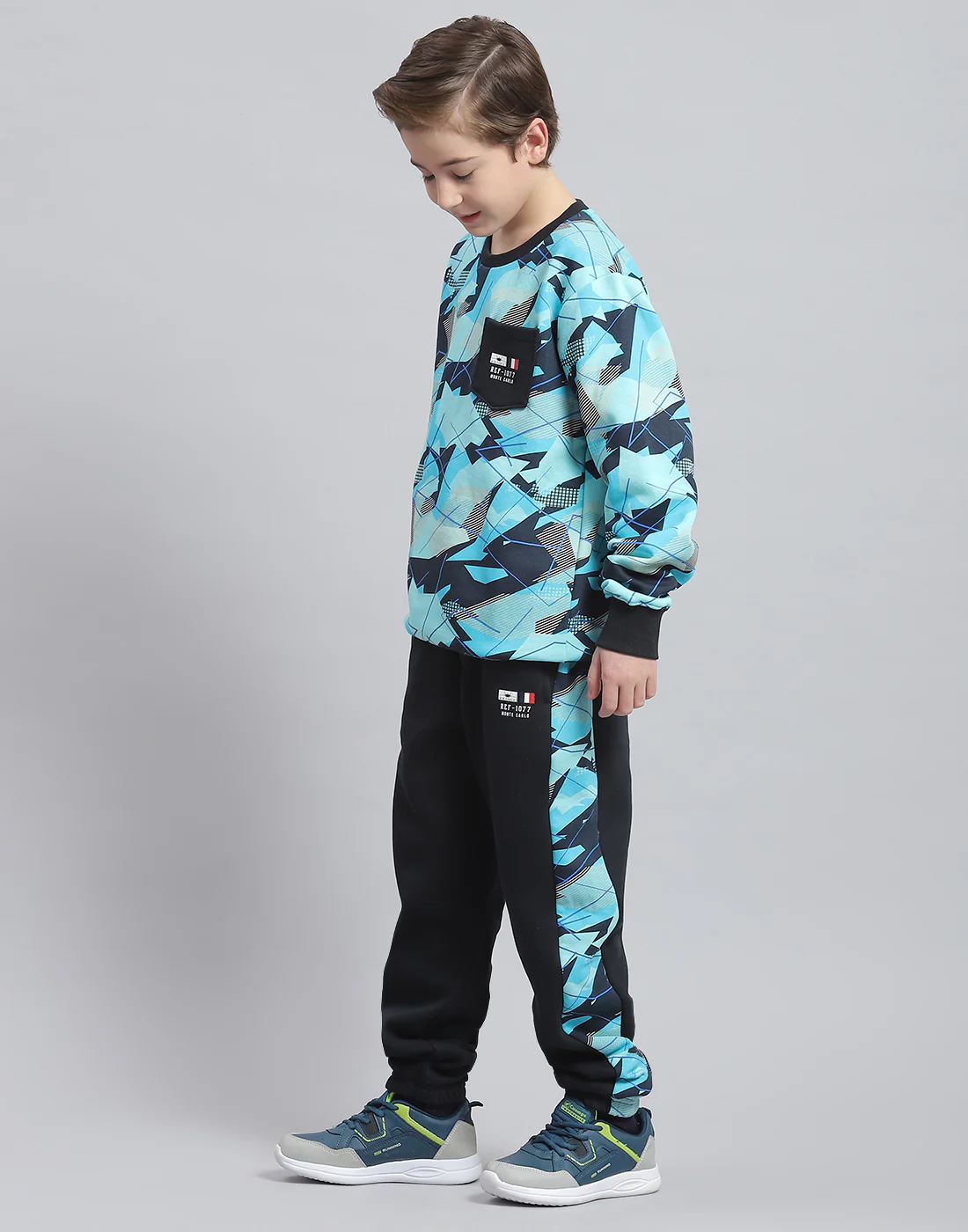 Boys Aqua Blue Printed Round Neck Full Sleeve Tracksuit - Image 3