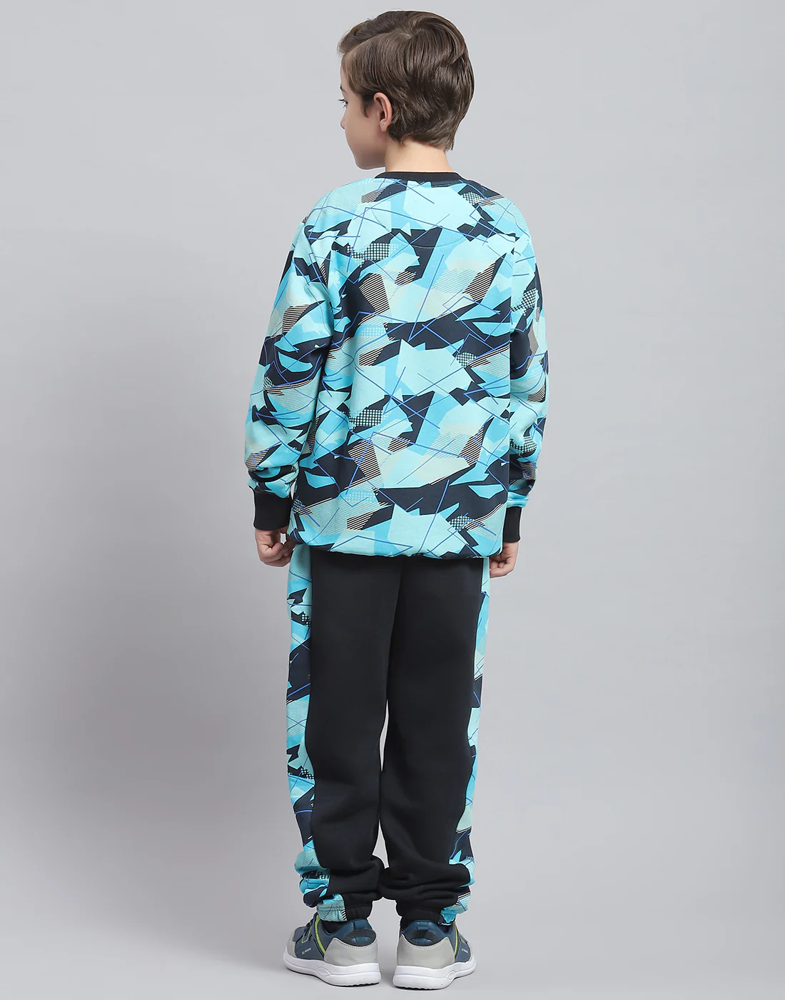 Boys Aqua Blue Printed Round Neck Full Sleeve Tracksuit - Image 5