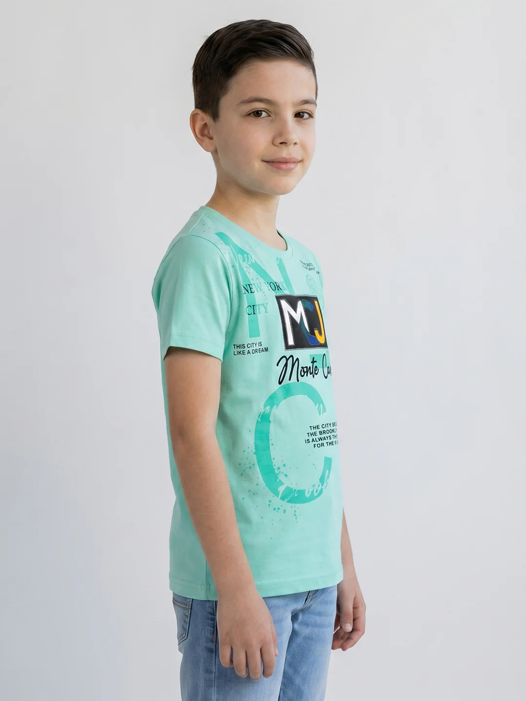 Boys Aqua Green Printed Round Neck Half Sleeve T-Shirt - Image 2