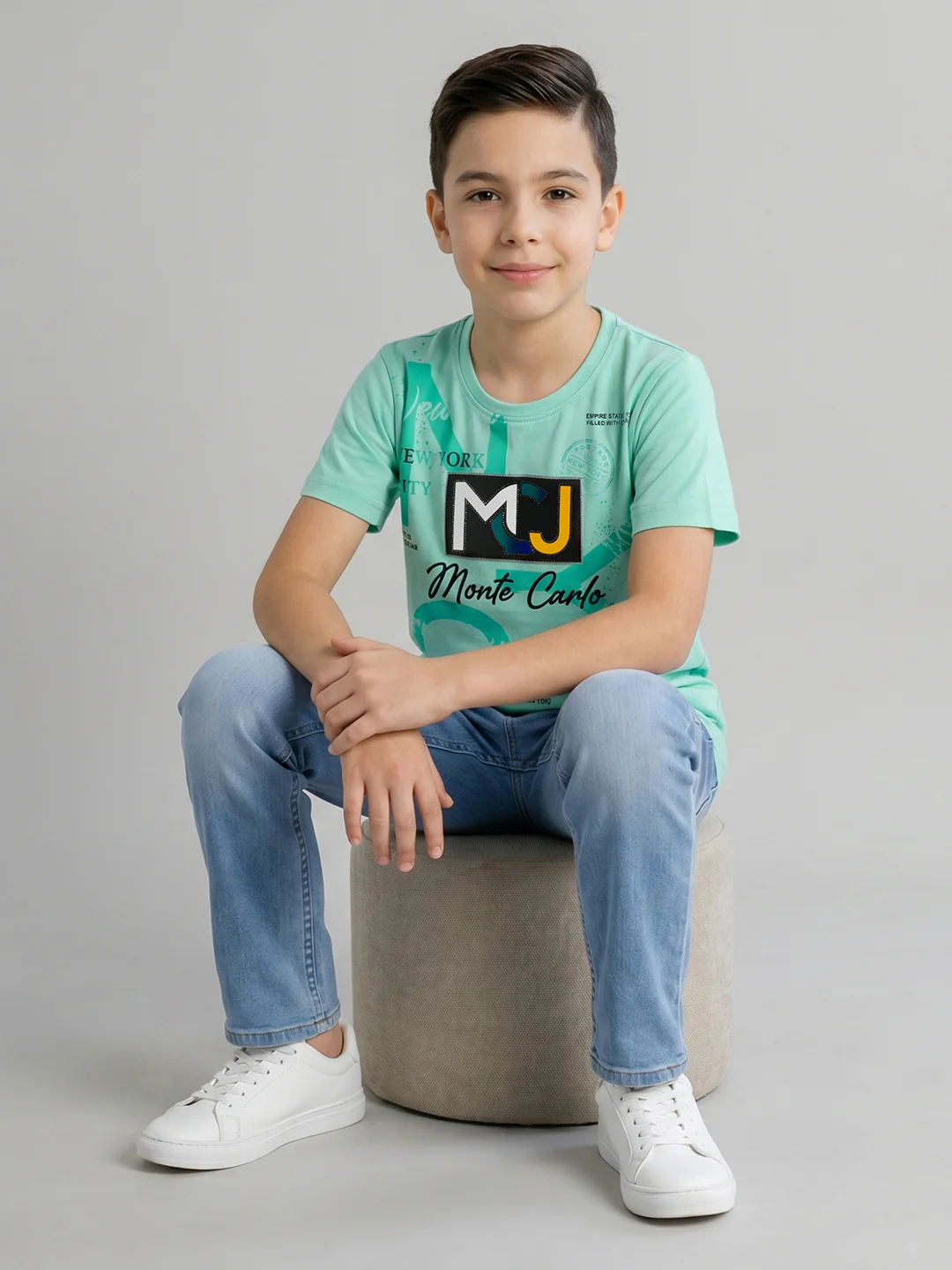 Boys Aqua Green Printed Round Neck Half Sleeve T-Shirt - Image 5