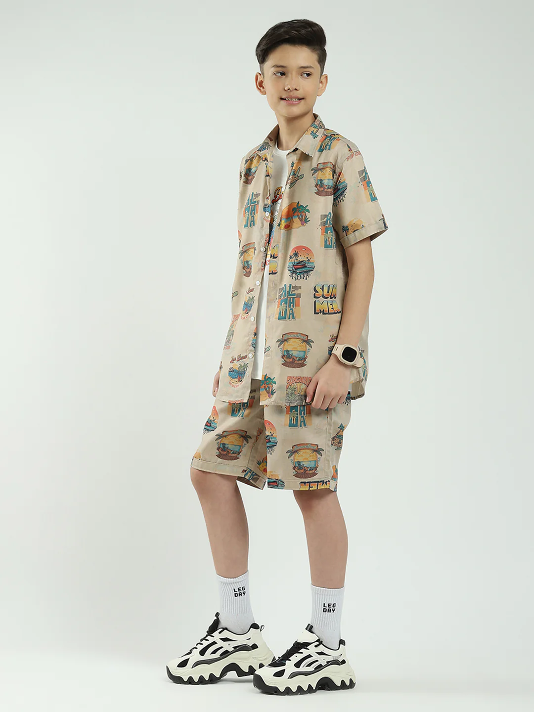 Boys Beige Printed Collar Half Sleeve Cords Set - Image 3