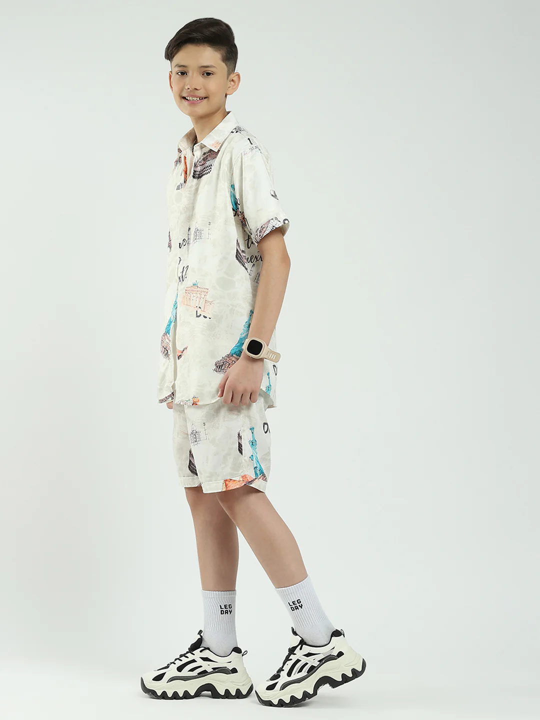 Boys Beige Printed Collar Half Sleeve Cords Set - Image 3