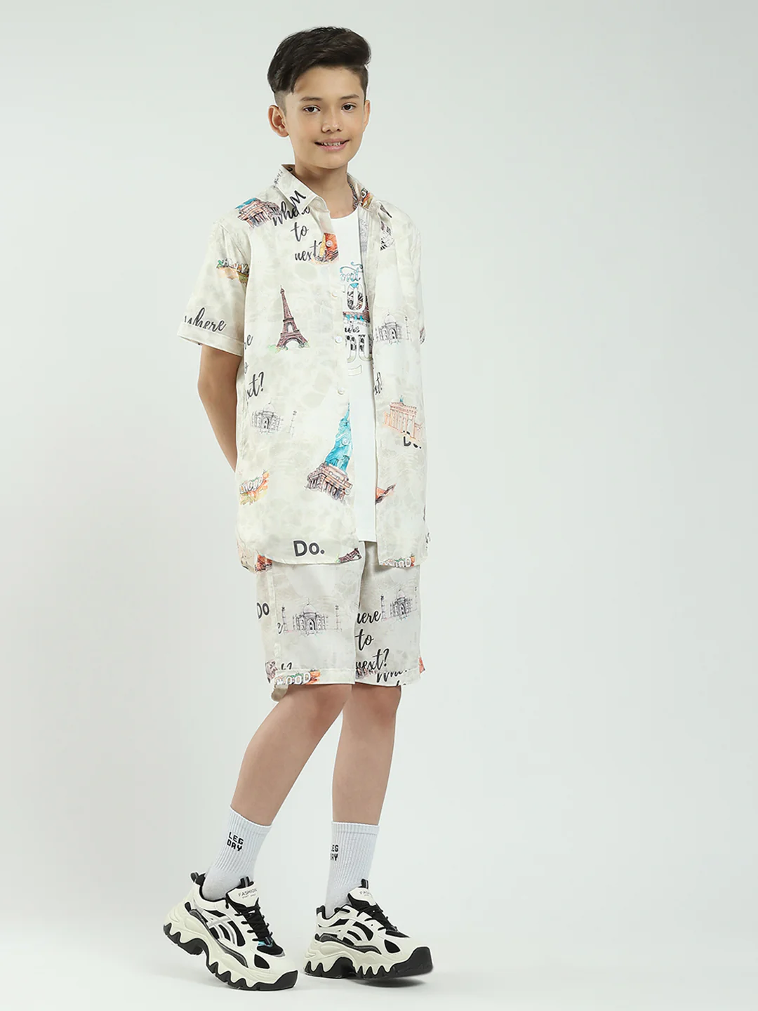 Boys Beige Printed Collar Half Sleeve Cords Set - Image 4