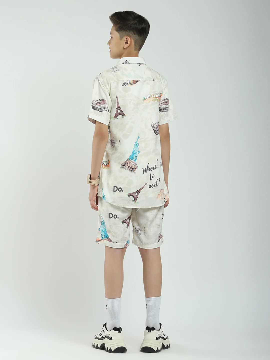 Boys Beige Printed Collar Half Sleeve Cords Set - Image 5