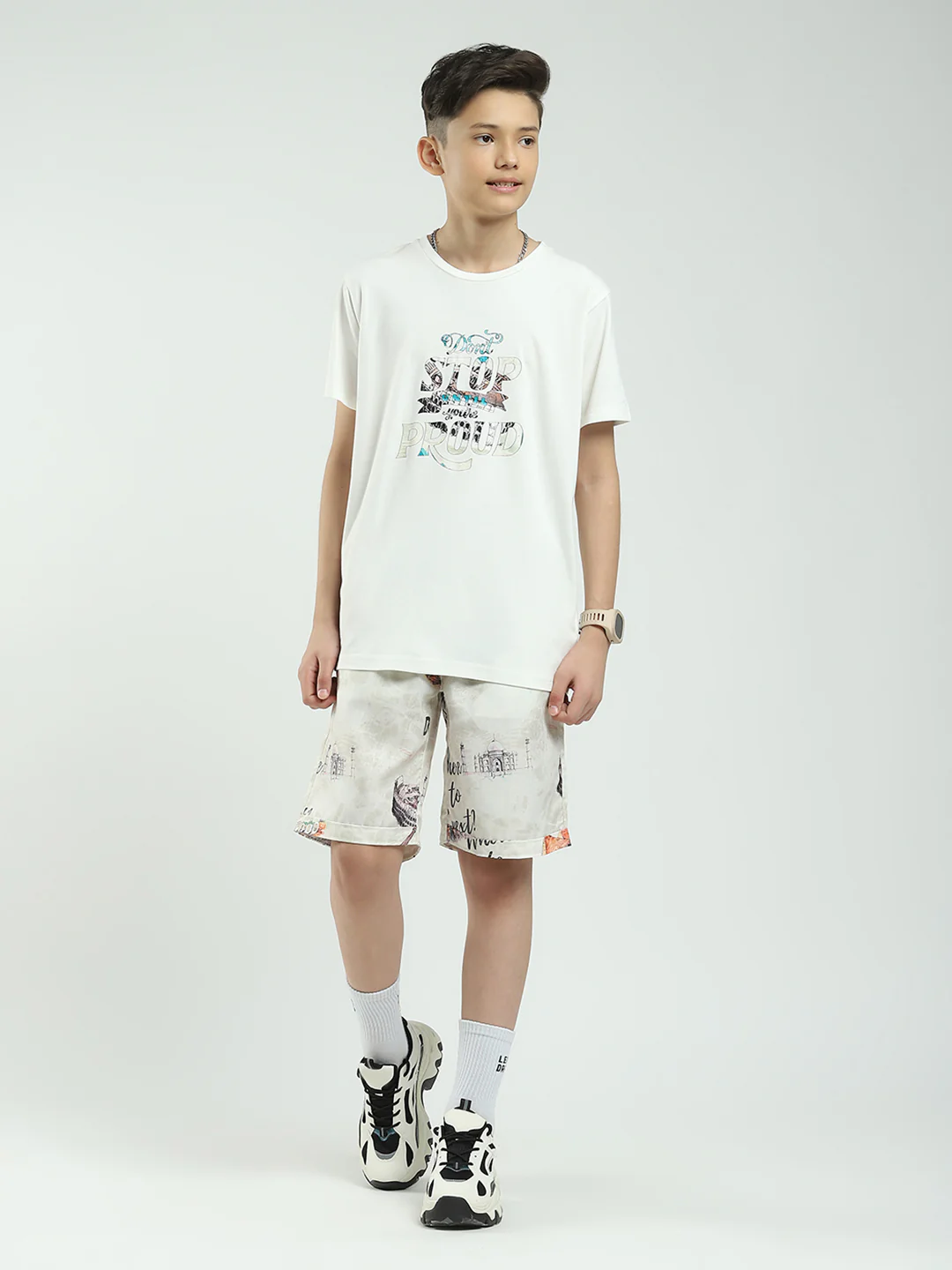 Boys Beige Printed Collar Half Sleeve Cords Set - Image 6