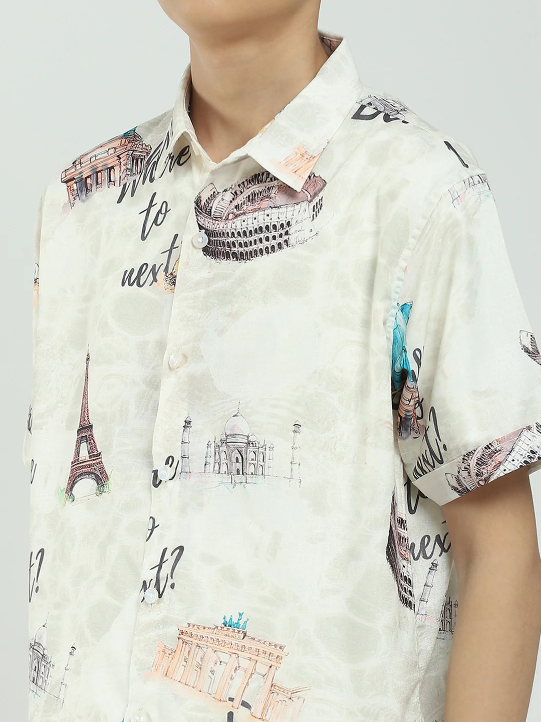 Boys Beige Printed Collar Half Sleeve Cords Set - Image 8
