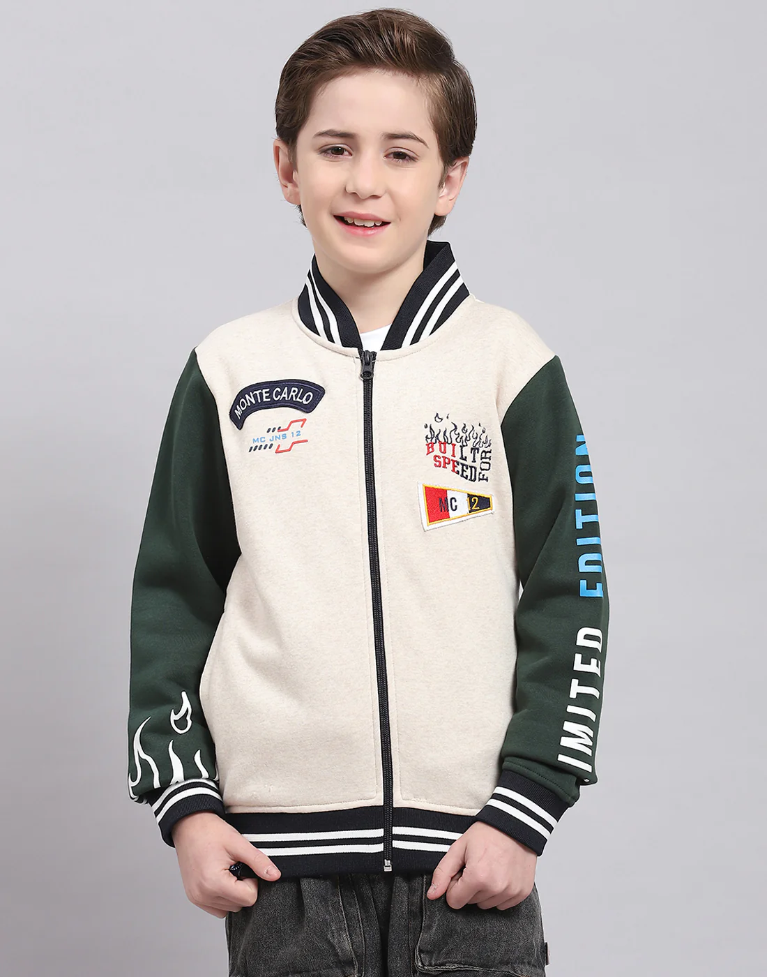 Boys Beige Printed Mandarin Collar Full Sleeve Sweatshirt - Image 2
