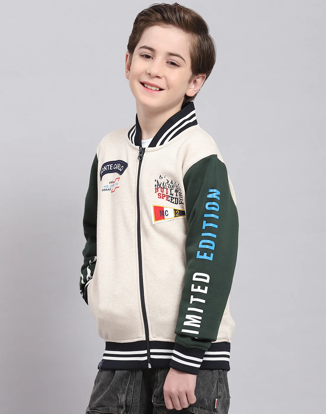 Boys Beige Printed Mandarin Collar Full Sleeve Sweatshirt - Image 3
