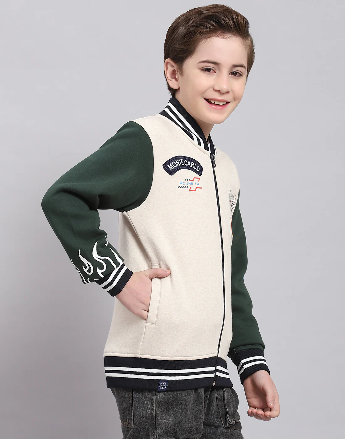 Boys Beige Printed Mandarin Collar Full Sleeve Sweatshirt - Image 4