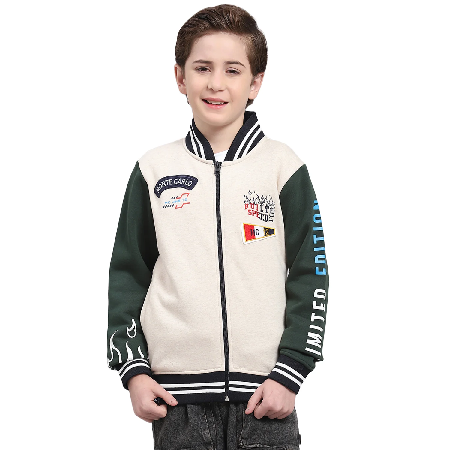 Boys Beige Printed Mandarin Collar Full Sleeve Sweatshirt - Image 5