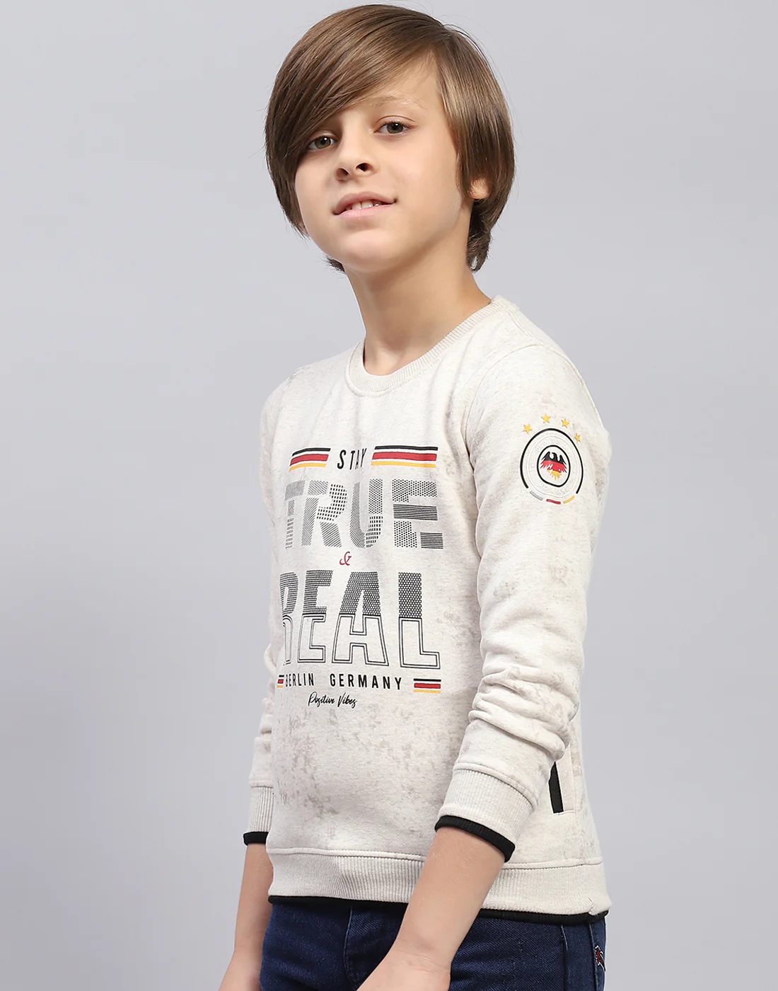 Boys Beige Printed Round Neck Full Sleeve Sweatshirt - Image 3