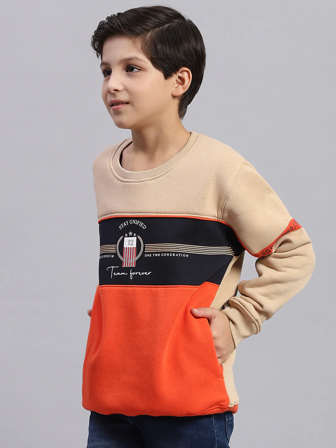 Boys Beige Printed Round Neck Full Sleeve Sweatshirt - Image 3
