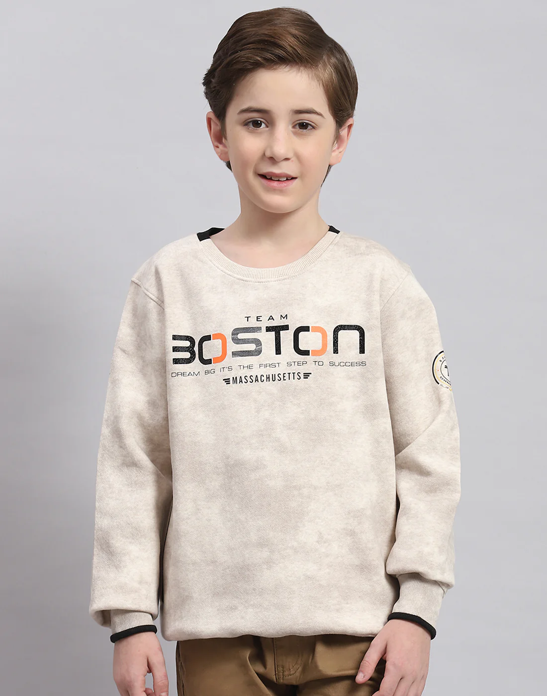 Boys Beige Printed Round Neck Full Sleeve Sweatshirt - Image 2