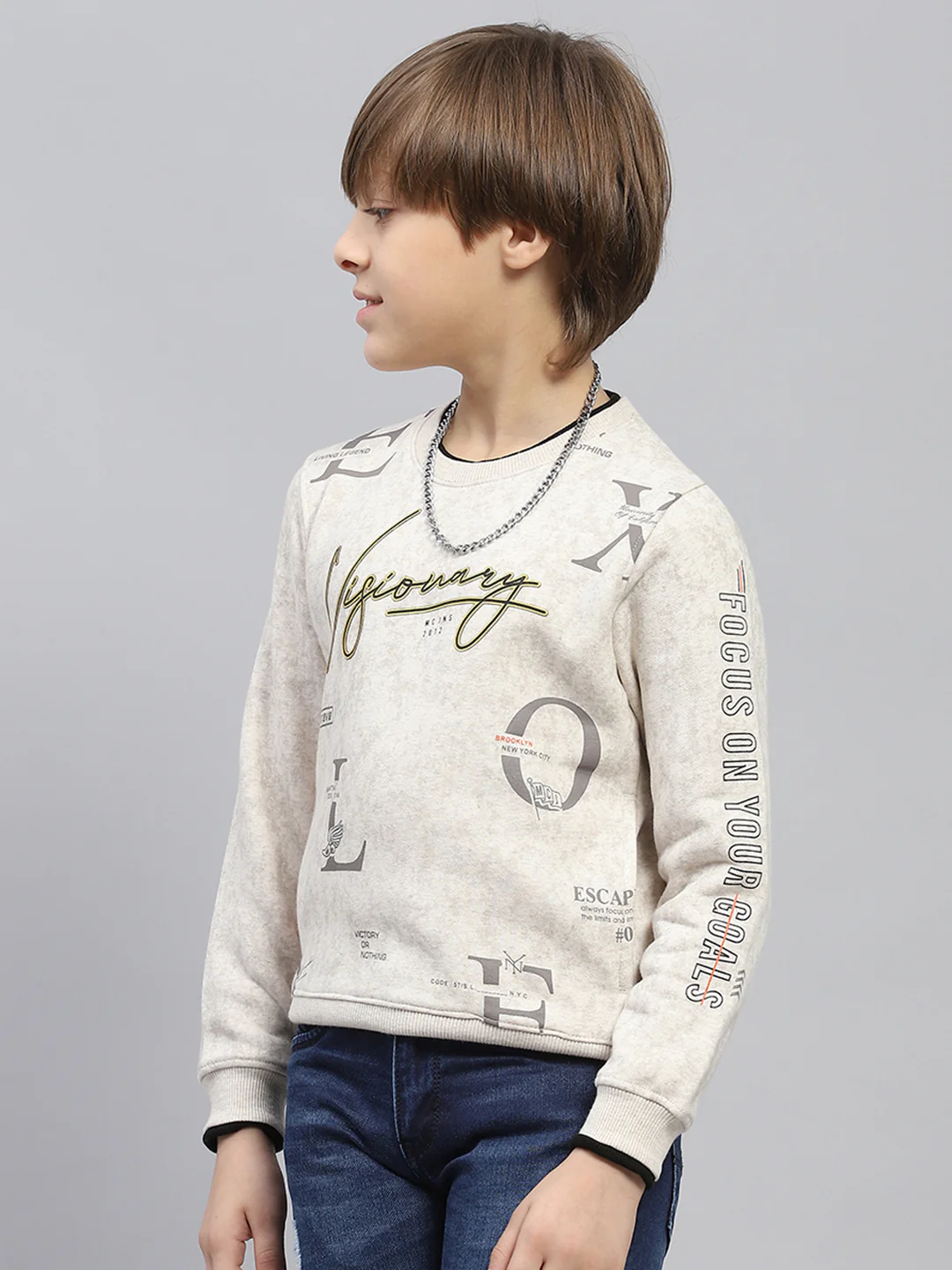 Boys Beige Printed Round Neck Full Sleeve Sweatshirt - Image 3
