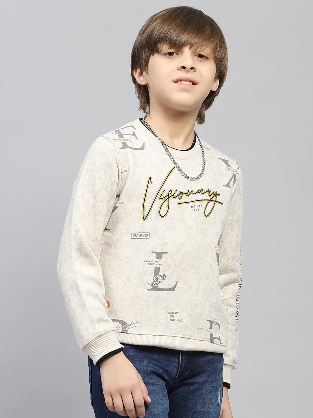 Boys Beige Printed Round Neck Full Sleeve Sweatshirt - Image 4