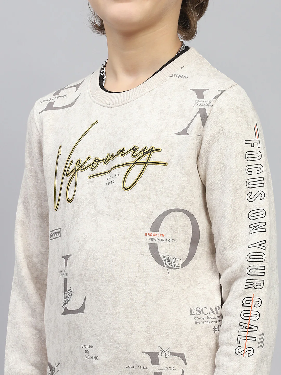 Boys Beige Printed Round Neck Full Sleeve Sweatshirt - Image 7