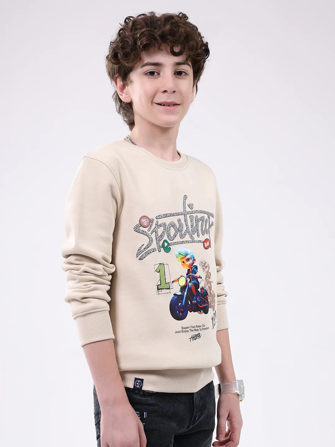 Boys Beige Printed Round Neck Full Sleeve Sweatshirt - Image 4