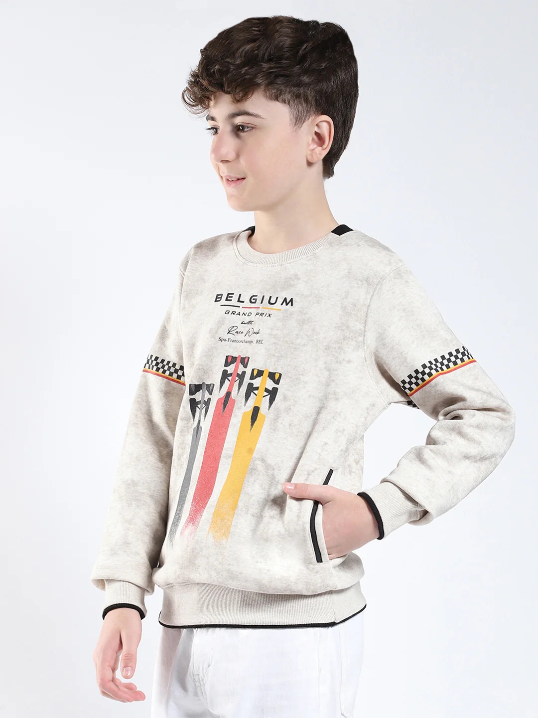 Boys Beige Printed Round Neck Full Sleeve Sweatshirt - Image 3