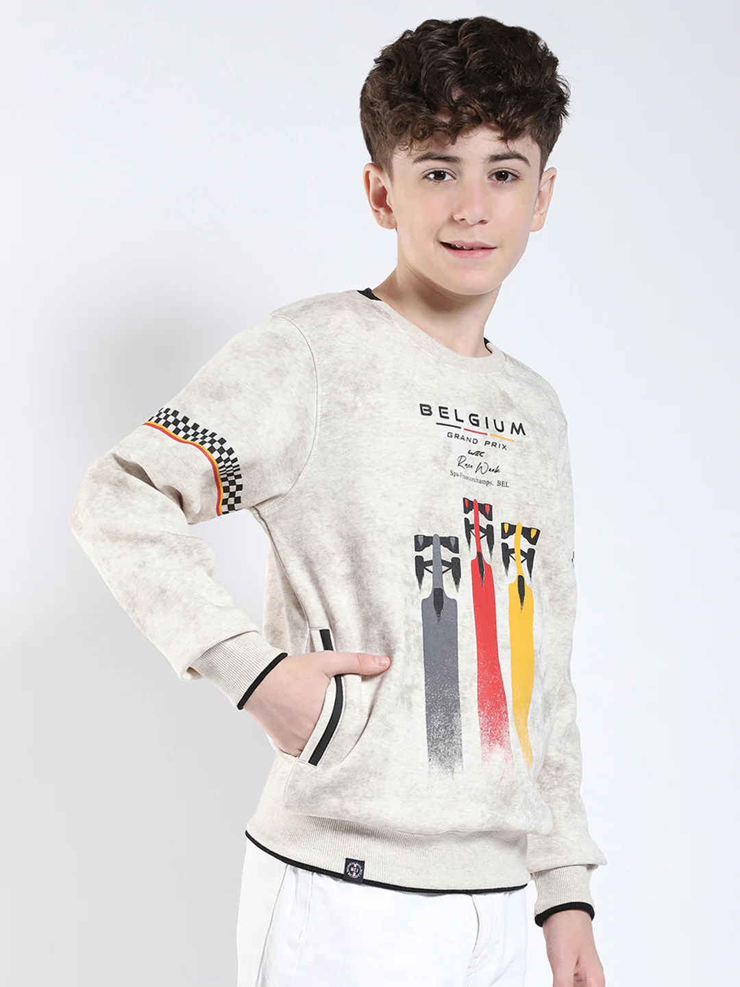 Boys Beige Printed Round Neck Full Sleeve Sweatshirt - Image 4