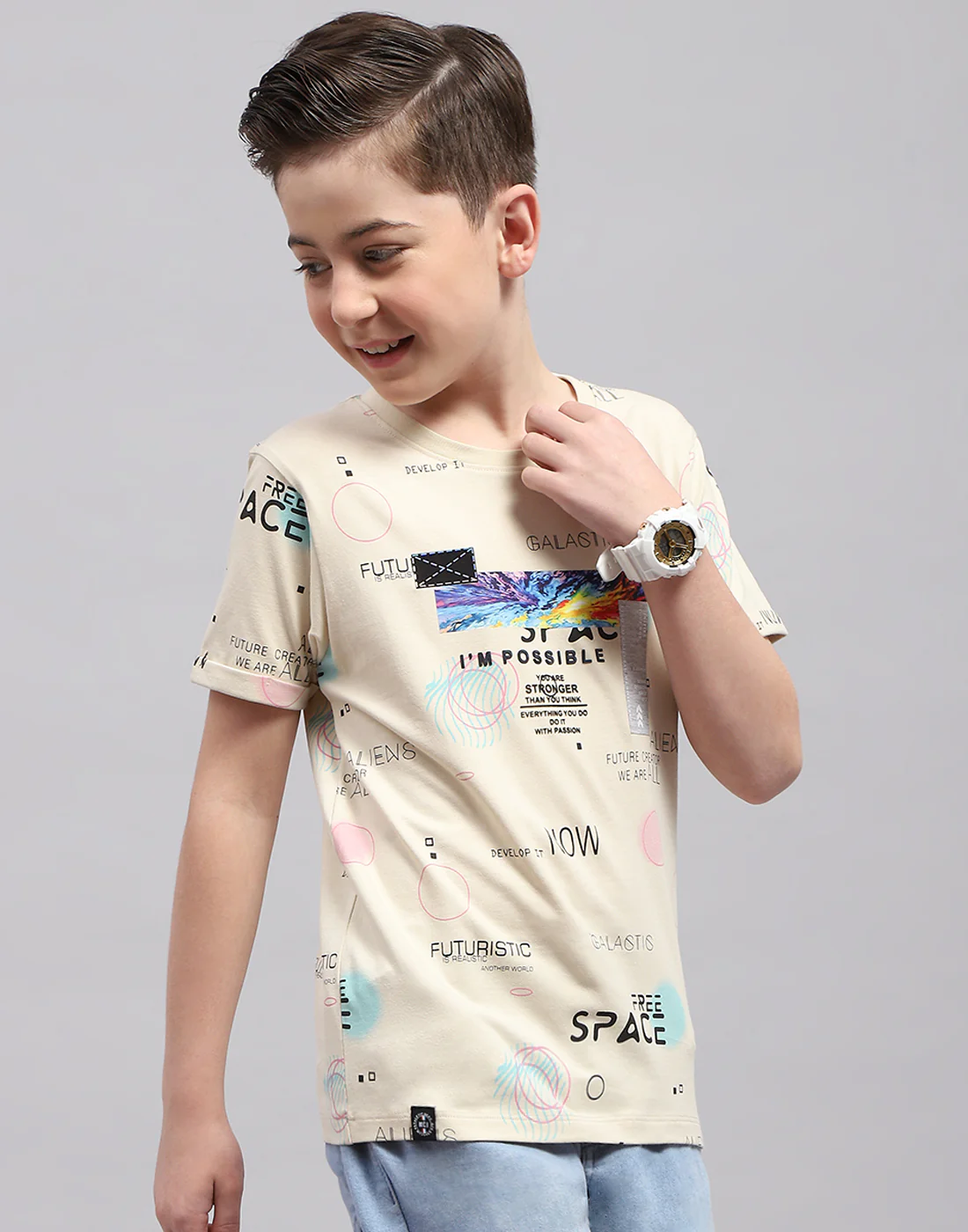 Boys Beige Printed Round Neck Half Sleeve T-Shirt - Image 4
