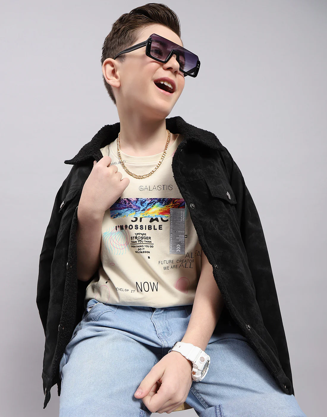 Boys Beige Printed Round Neck Half Sleeve T-Shirt - Image 6