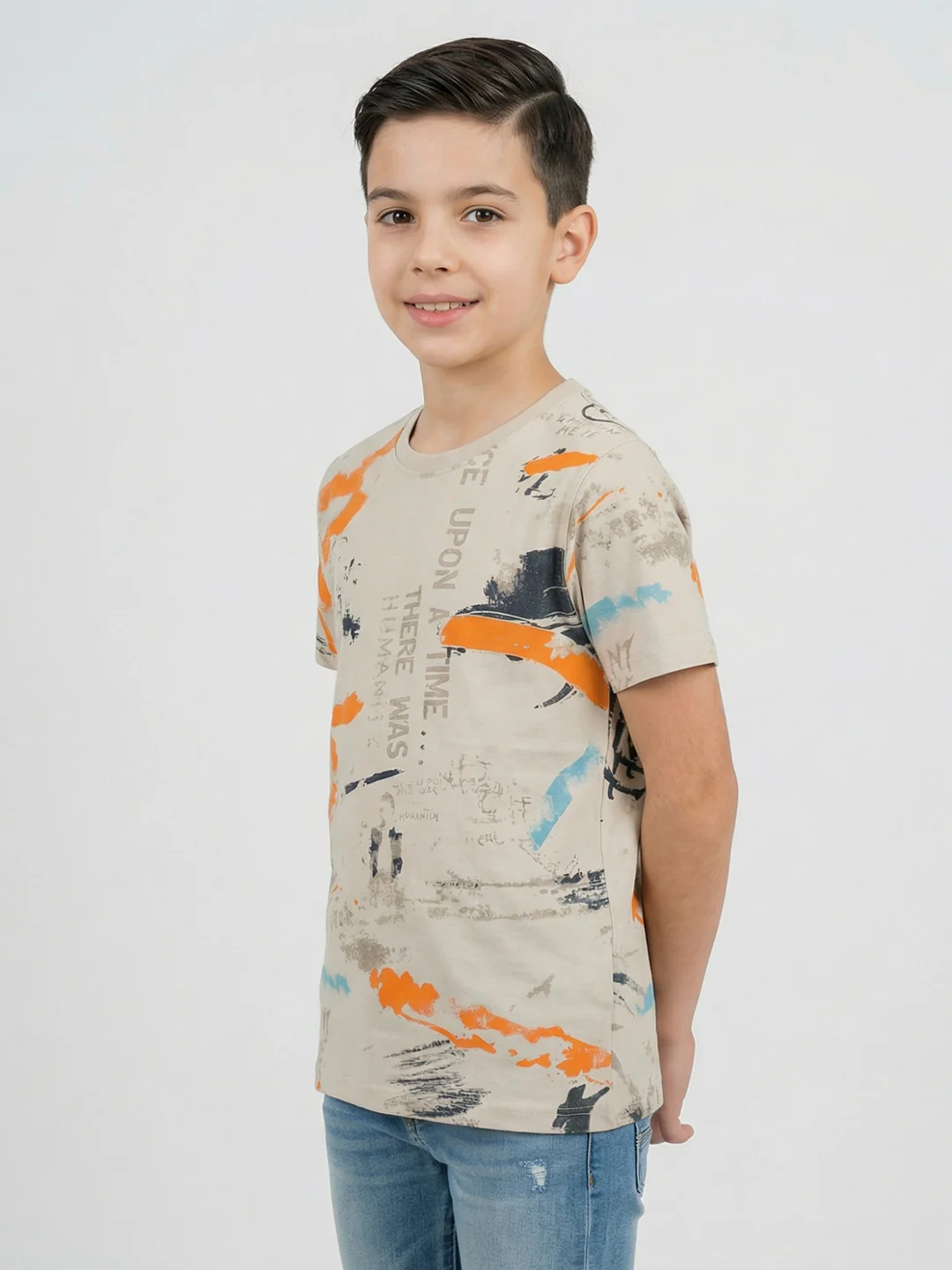 Boys Beige Printed Round Neck Half Sleeve T-Shirt - Image 2