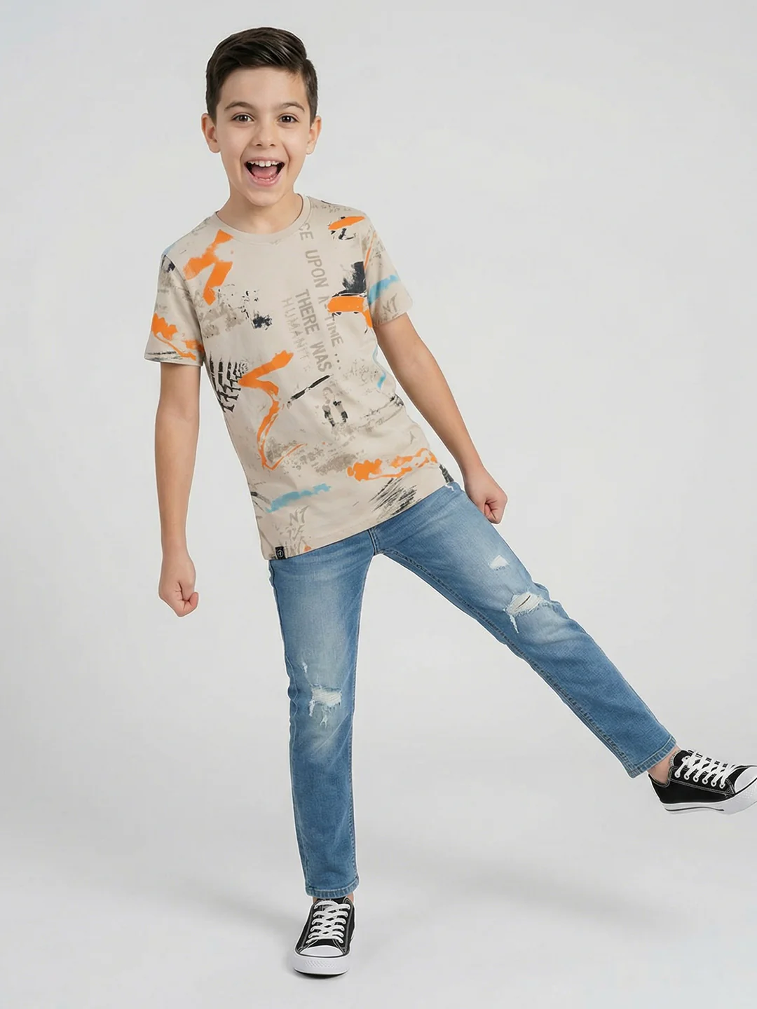 Boys Beige Printed Round Neck Half Sleeve T-Shirt - Image 5