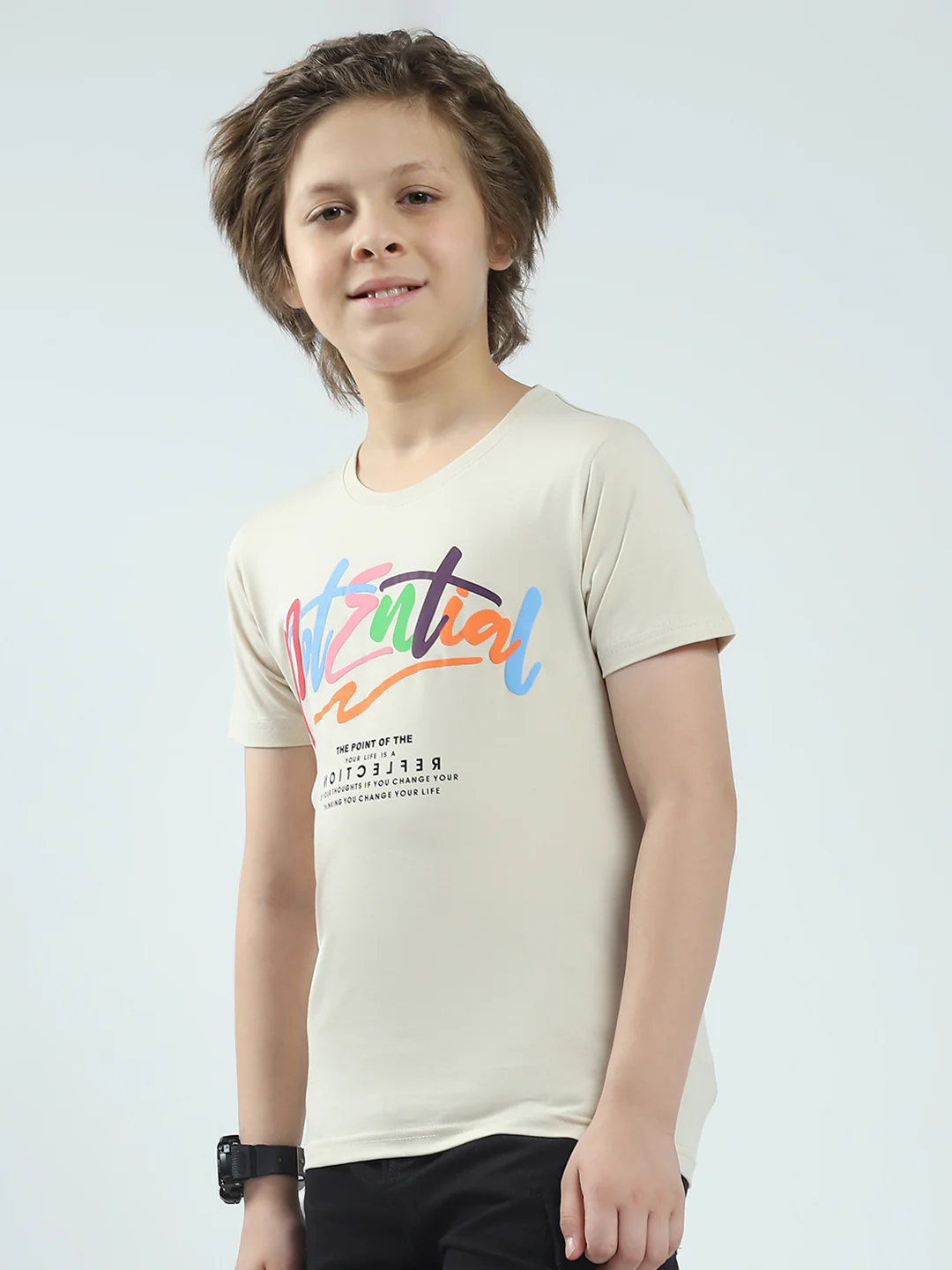 Boys Beige Printed Round Neck Half Sleeve T-Shirt - Image 3