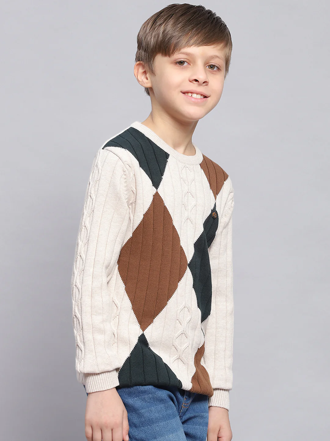 Boys Beige Self Design Round Neck Full Sleeve Sweater - Image 4