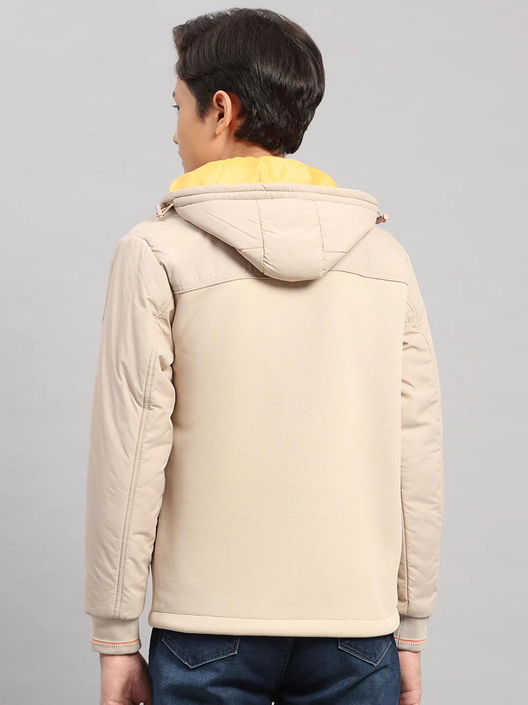 Boys Beige Solid Hooded Full Sleeve Jacket - Image 5