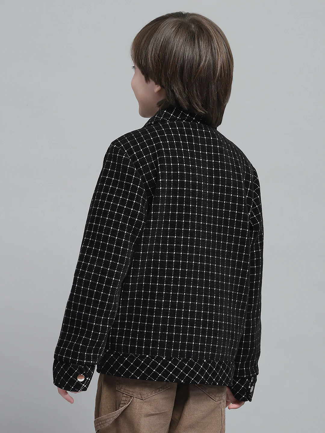 Boys Black Check Collar Full Sleeve Jacket - Image 5