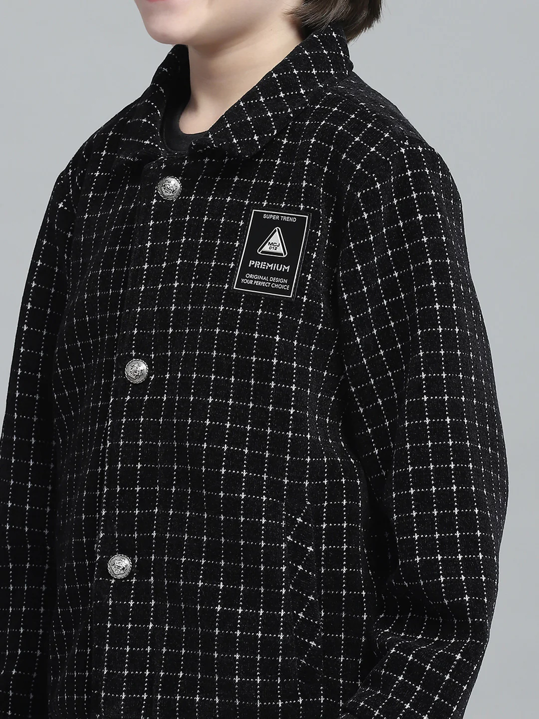 Boys Black Check Collar Full Sleeve Jacket - Image 7