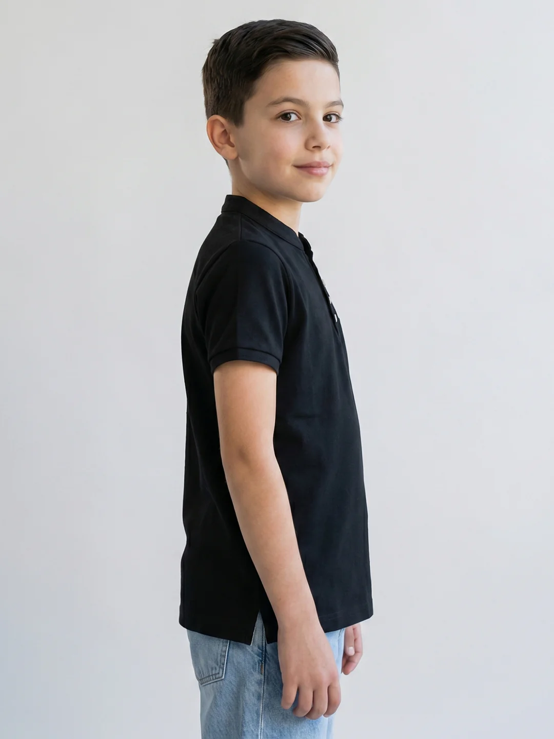 Boys Black Printed Band Collar Half Sleeve T-Shirt - Image 2