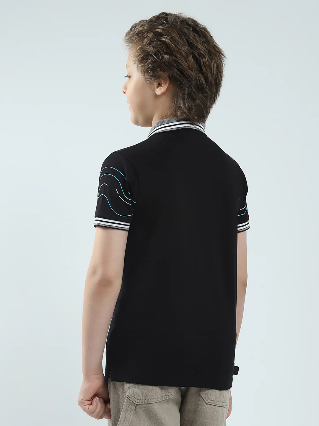 Boys Black Printed Collar Half Sleeve T-Shirt - Image 5
