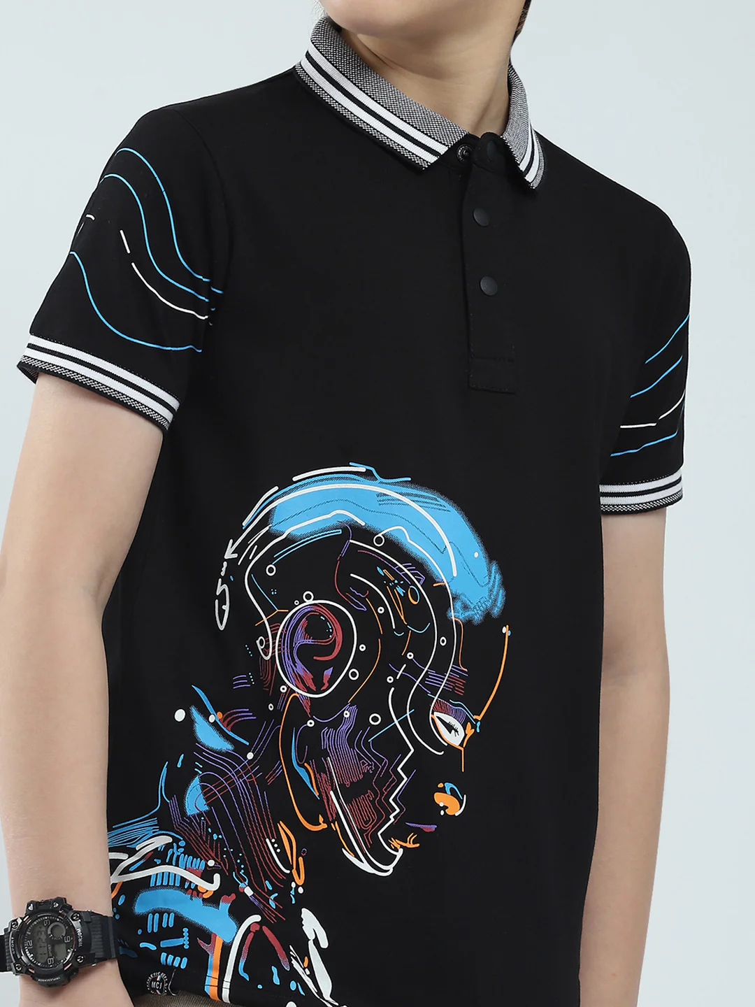Boys Black Printed Collar Half Sleeve T-Shirt - Image 7